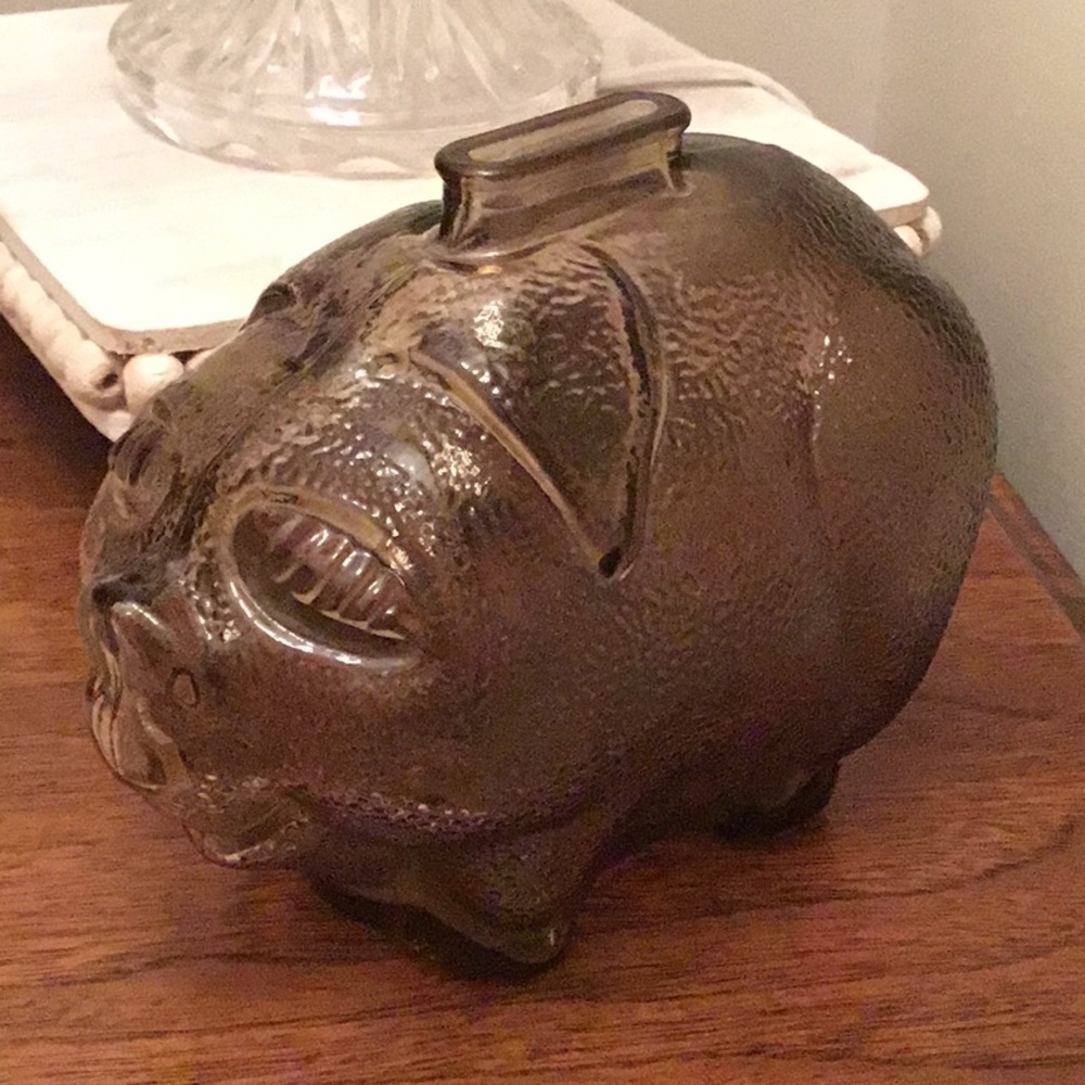 VINTAGE gray/brown colored textured glass piggy bank - Picture 2 of 13